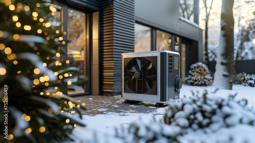 air source heat pump unit installed outdoors at home in the Netherlands, warmte pomp, translation air source heat pump, heath pump in winter