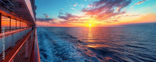 Luxury cruise ship at sunset, passengers enjoying the view from the deck, elegance, leisure, and breathtaking ocean views.