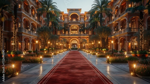 The grand opening of a luxury hotel featured a red carpet, elegant guests, opulent architecture, and a focus on guest experience.