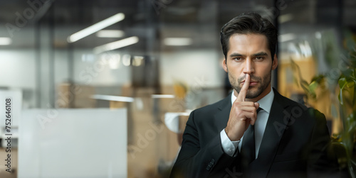 businessman conveying the concept of confidentiality to his associates by pressing his index finger to his lips.