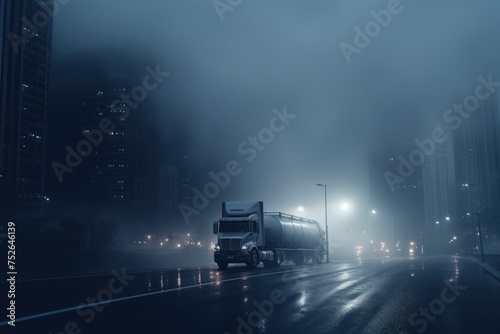 Oil tank truck driving on highway delivering oil in foggy city.
