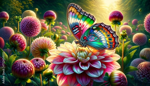 A detailed and high-quality scene of a delicate butterfly perched on a brightly colored dahlia flower in full bloom.