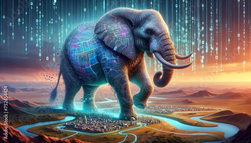 A detailed and high-quality whimsical animated art scene featuring an elephant with skin that morphs into a detailed city map, highlighting var.