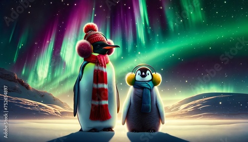 Two penguins in scarves and earmuffs in front of the Northern Lights.