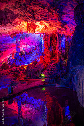Underground lake in Reed Flute Caves in Guilin, China