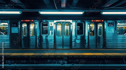 Train leaves empty station platform at subway. Generative AI.