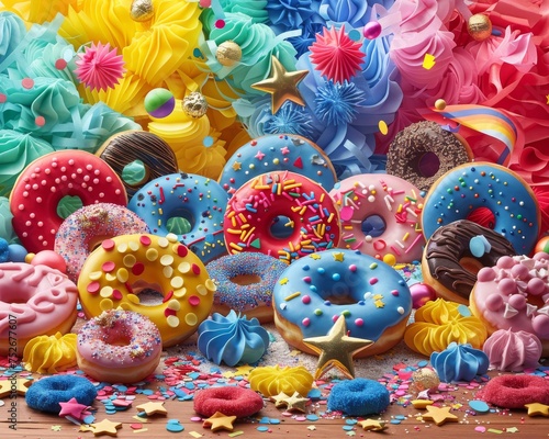 A fantasy selection of donuts in a vibrant explosion of colors and textures, with confectionery and party decorations