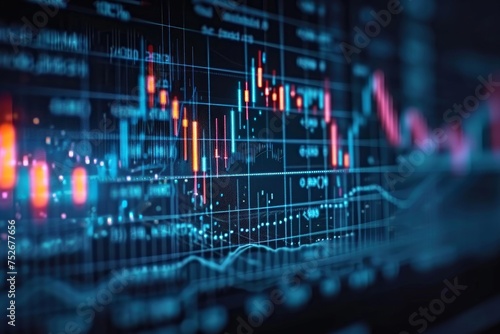 Closeup of a candlestick stock chart displaying the fluctuation of financial assets, investing and market analysis, Generative AI 