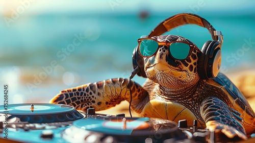 A DJ turtle with headphone and dj box near sea shore a concept of summer party with a big space for text or product, Generative AI.