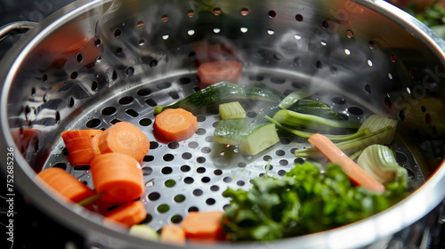 The inside of a vegetable steamer showing evenly spaced holes that allow the steam to circulate and cook vegetables to perfection.