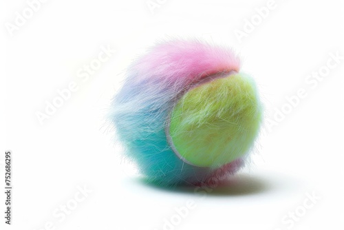 fuzzy rainbow tennis ball, bursting with color, sits playfully on a crisp white background