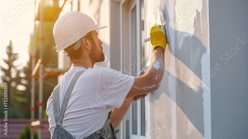 Close shot of a worker painting new build house wall outside a close shot with a big space for text or product, Generative AI.