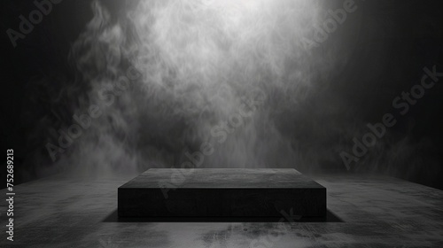Black podium on dark background with smoke. 3d rendering, mock up.