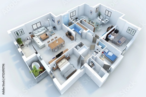 Multigenerational apartment layout with separate living areas for extended family members, on isolated white background, Generative AI