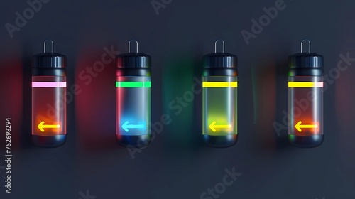 Set of multicolored neon batteries tubes with arrows on a dark background, Generative AI illustrations.