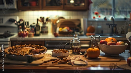 A kitchen scene with a thanksgiving dinner. The counter is filled with ingredients for the meal pumpkins, apples. and baking, capturing effort that goes into the meal.