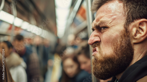 A man with a furrowed brow and clenched jaw clearly frustrated by the overcrowded train and the daily commute.