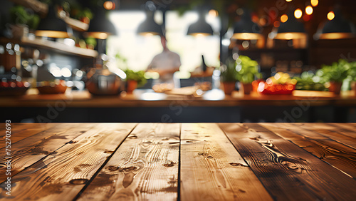 Empty wooden table with chef cooking in restaurant kitchen background.