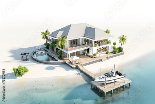Luxury beachfront estate with a private dock and boathouse, offering direct access to the crystal-clear waters of the sea, on isolated white background, Generative AI