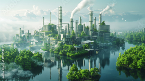 A digital artwork showing a industry transforming into a green, sustainable industrial estate with renewable energy sources