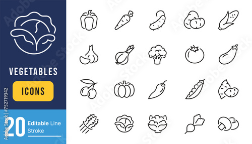 Set of Vegetables Related Vector Line Icons. Contains such Icons as Tomato, Olives, Garlic and more. Editable Stroke.