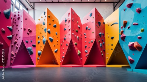 The interior of a multi-colored climbing wall, gym with artificial walls for indoor climbing. Mountaineering, extreme sports, bouldering, Hobbies and entertainment concept. A Horizontal Banner.