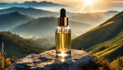 lipstick in the mountains, top view photograph skincare serum bottle with label with sun shining, Ai Generate