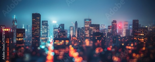 Nighttime urban skyline with blurred lights creating a bokeh effect. Concept Cityscape Photography, Bokeh Effect, Urban Nightlife, Blurred Lights, Skyline Silhouettes