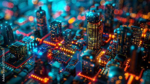 An evening view of a futuristic city where the buildings are lit up by colorful lights that change and flicker in patterns. This is thanks to the automated systems within