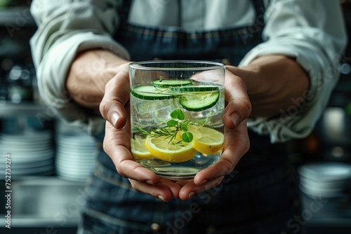 Holding a refreshing glass of fruit-infused water, a health-conscious woman adds slices of cucumber, lemon, and mint to her water, promoting hydration and detoxification while tantalizing her taste bu