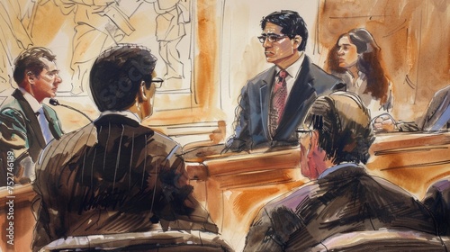 A courtroom sketch artist captures the facial expressions of the defendant and their lawyer during a trial.