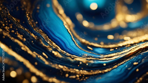 Macro shot of blue and gold agate ripple pattern. Abstract background. Generative AI.