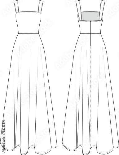 sleeveless shoulder straps strappy square neck flared zippered long maxi dress gown template technical drawing flat sketch cad mockup fashion woman design style model 