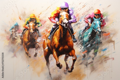 Photo watercolor sports art horse racing, Race horse with jockey on watercolor splatter background, Ai generated