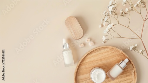 Natural cosmetic products at color background. colour in Peach Fuzz. Cream, mask, lotion