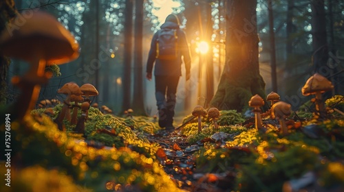 Amazing forest. Morning light The sun is just rising. Moss on the ground. Mushrooms scattered in the forest. morning dew water drops and grass In the foreground, hikers are on the forest path.