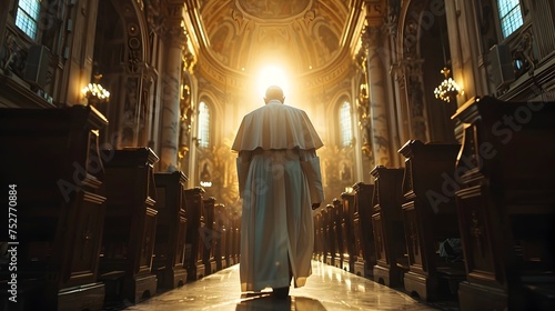 Pope Standing in Wooden Cathedral, Concept of religious leadership, faith, and worship in the Catholic Church