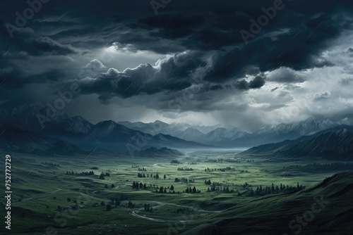 Stormy sky over the village. 3d render, a panorama of the mountains, Ai generated