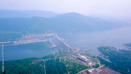 Krasnoyarsk hydroelectric power station on the Yenisei River. Russia, From Dron