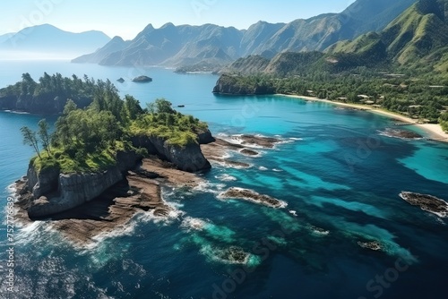 Seychelles landscape. Aerial drone view. Generative AI Art. Beautiful view.