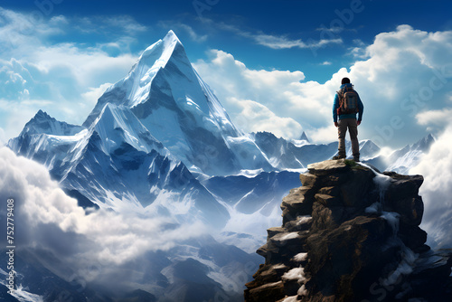 Hiker standing on a mountain peak and looking the sky, illustration, ai generated