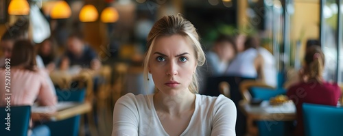 Expressing Displeasure: Customer Shares Dissatisfaction with Food at a Crowded Restaurant. Concept Restaurant Complaints, Food Quality Feedback, Unhappy Customers, Addressing Concerns