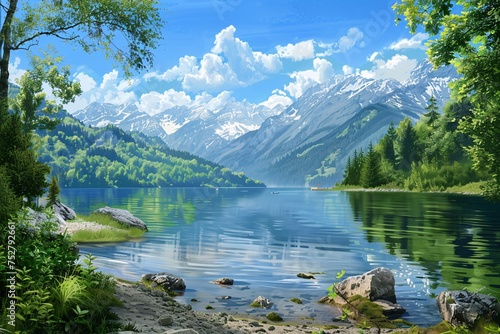 A serene mountain lake scene with a touch of modernity Generative AI