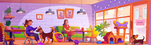 Dog and cat friendly cafe interior with furniture and equipment. Cartoon women with pets rest in cafeteria on chair and sofa. Feeding bowls, bed and toys for domestic animals in public place for eat.