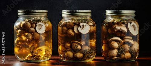 Preserved seasonal mushrooms and aromatic herbs in three glass jars