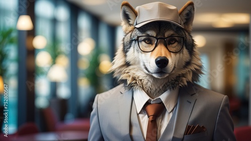 Wolf become hotel manager, wearing glasses and hat