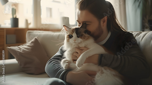 a full shot, a dad, a daughter, a ragdoll calico cat. Dad is sitting on the sofa in a modern livingroom with a wooden floor, dad is wearing a black shirt under the grey jacket holding a daughter and a