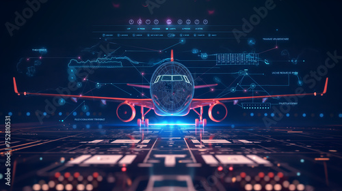 Airplane in holographic for travel and transportation concept on the plot plan drawings line graphic, design for abstract wallpaper and background 