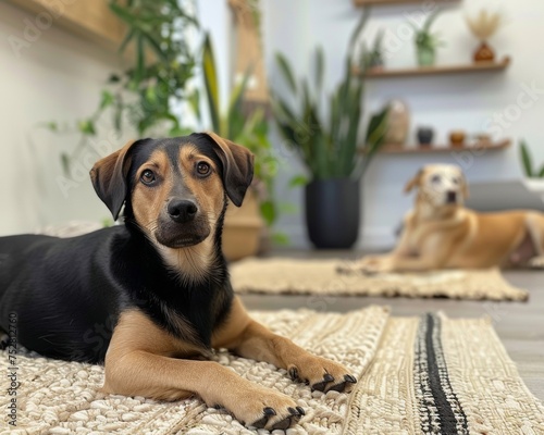 Two Dogs Relaxing in a Cozy Home Environment, A black and tan dog in the foreground with a relaxed tan dog in the background, both enjoying a cozy, plant-filled home setting. Comprehensive pet wellnes