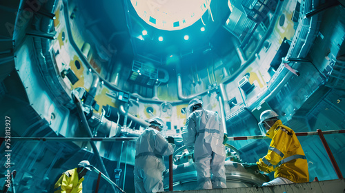 Engineers conducting maintenance and inspections inside a nuclear reactor containment vessel